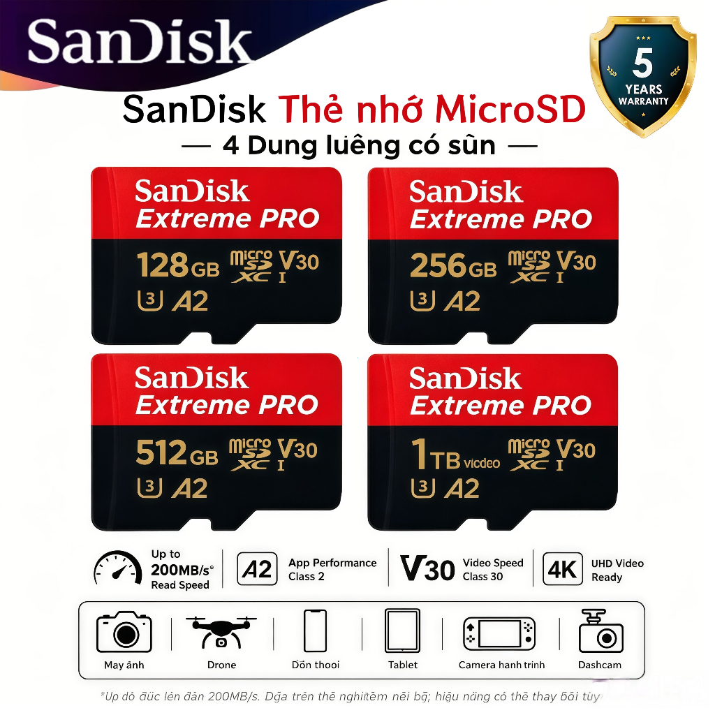 SanDisk Thẻ nhớ MicroSD 4K Siêu Tốc Cao Cấp 512GB/1TB - Bảo hành chính hãng 5 năm