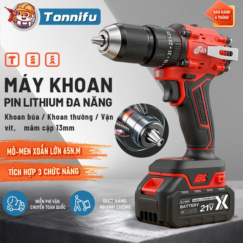 Máy Khoan Cầm Tay Không Than TONNIFU 13mm 21V 3 Chức Năng Chân Phổ Thông Máy Khoan Tường, Sắt, Gỗ Bắt Vít DZ-2113-1301