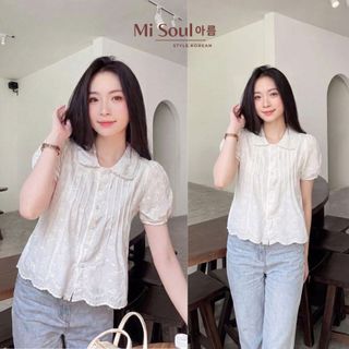 Áo Sơ Mi Kiểu Phối Ren Cotton Thô Thêu Nơ 2 Lớp, Áo Babydoll Tay Phồng Hàn Quốc MiSoul 586