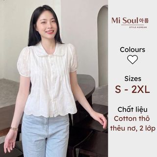 Áo Sơ Mi Kiểu Phối Ren Cotton Thô Thêu Nơ 2 Lớp, Áo Babydoll Tay Phồng Hàn Quốc MiSoul 586
