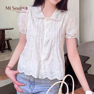 Áo Sơ Mi Kiểu Phối Ren Cotton Thô Thêu Nơ 2 Lớp, Áo Babydoll Tay Phồng Hàn Quốc MiSoul 586