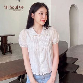 Áo Sơ Mi Kiểu Phối Ren Cotton Thô Thêu Nơ 2 Lớp, Áo Babydoll Tay Phồng Hàn Quốc MiSoul 586