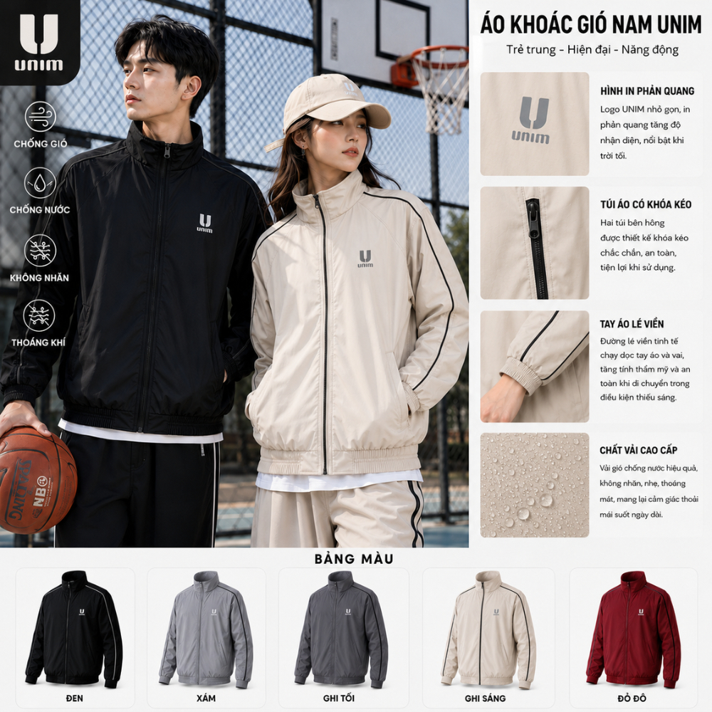 [HÀNG LOẠI 1] Áo Khoác Gió 2 Lớp Unisex Nam Nữ Chống Nước Viền Phản Quang Unim Vải Gió Tráng Bạc