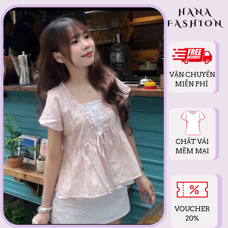 Áo kiểu nữ tay ngắn buộc nơ trước dáng peplum bèo nhún họa tiết nhã nhặn style Hàn Quốc cổ V HCOM27219