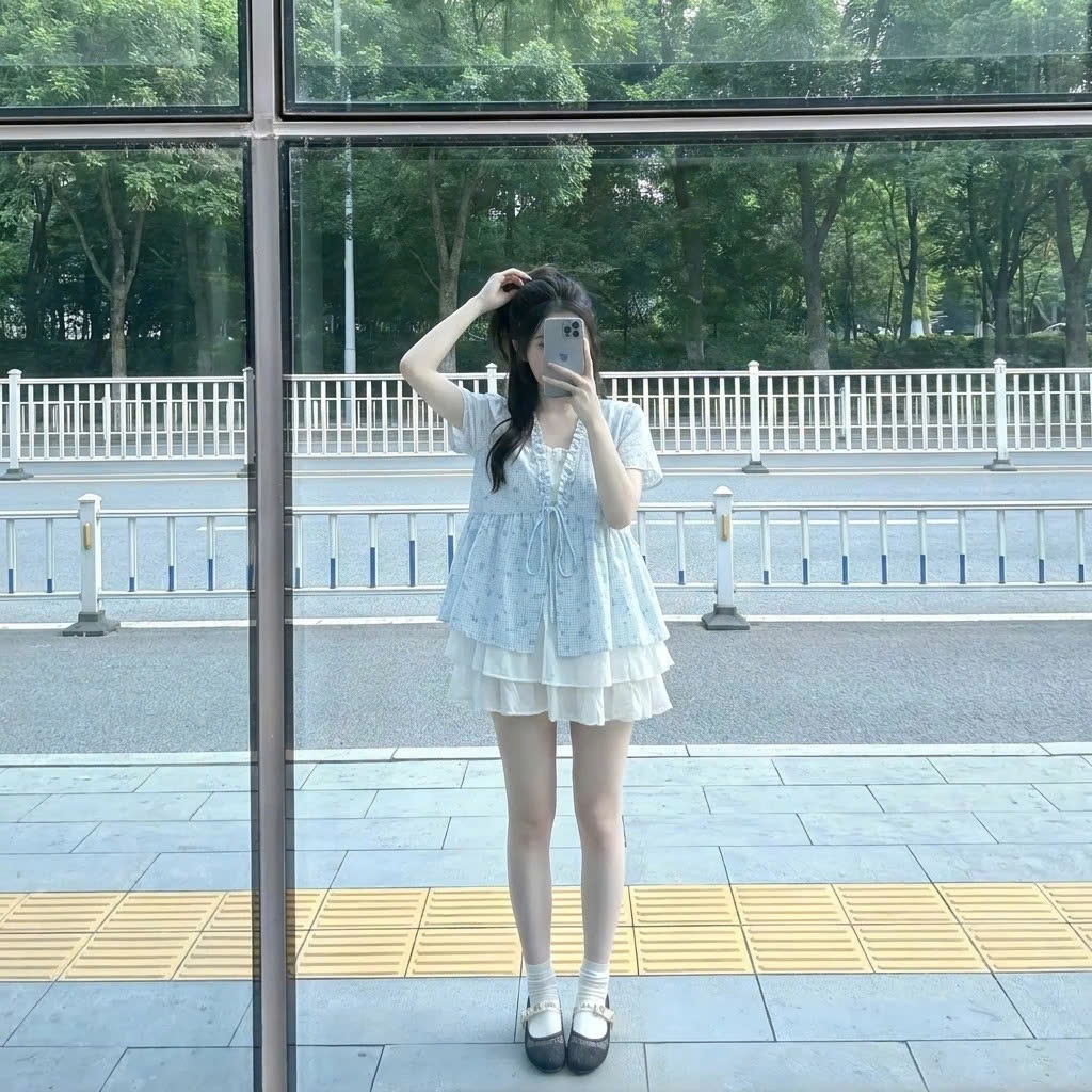 Áo kiểu nữ tay ngắn buộc nơ trước dáng peplum bèo nhún họa tiết nhã nhặn style Hàn Quốc cổ V HCOM27219
