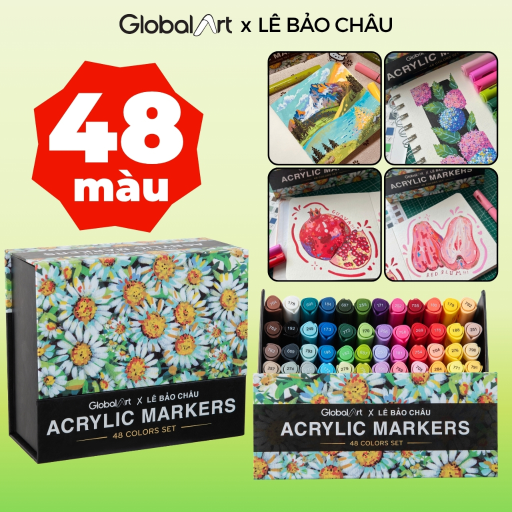 Bộ 48 Màu Acrylic Marker Global Art x Lê Bảo Châu Màu Tươi Sáng Vẽ Phong Cảnh Blend Màu Tốt Dễ Chồng Màu Hạn Chế Tắc Mực
