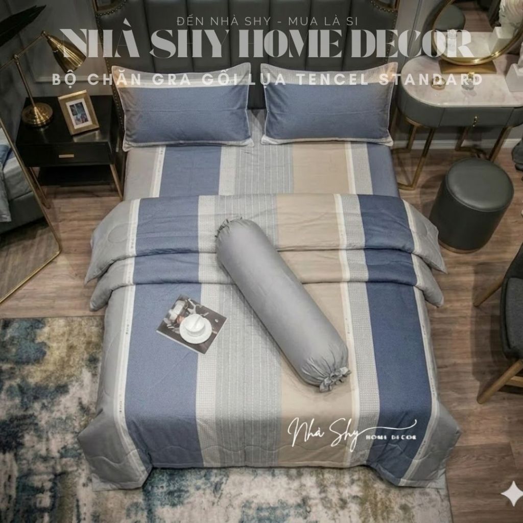 Bộ chăn ga gối lụa tencel standard cao cấp, chất liệu lụa tencel mềm mịn, thoáng mát, chăn đã có ruột sẵn hàng