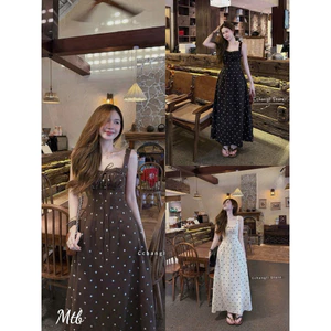 Váy maxi hai dây dáng dài xoè phối dây cột thanh lịch nữ tính - Váy chấm bi 2s phối dây cột