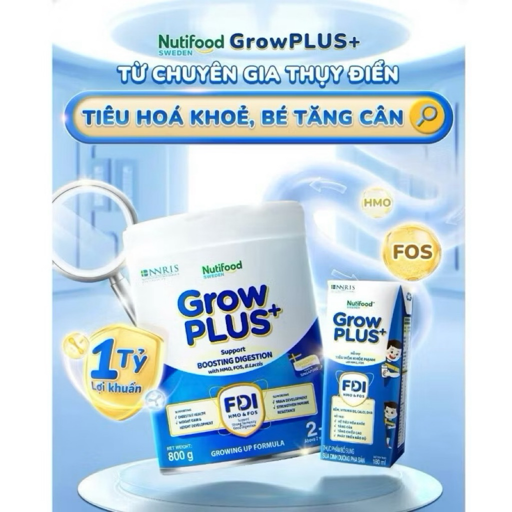 Sữa Bột Nutifood GrowPLUS Xanh Nhạt 1+ Lon 800g [Tiêu Hoá Khoẻ]
