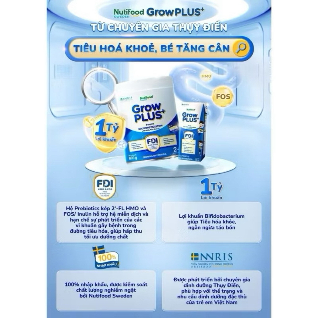 Sữa Bột Nutifood GrowPLUS Xanh Nhạt 1+ Lon 800g [Tiêu Hoá Khoẻ]