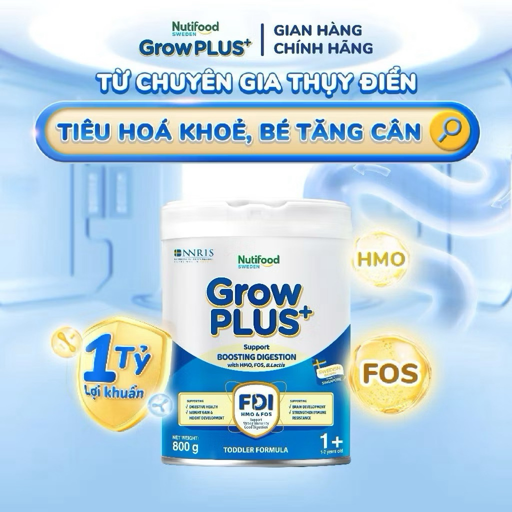 Sữa Bột Nutifood GrowPLUS Xanh Nhạt 1+ Lon 800g [Tiêu Hoá Khoẻ]
