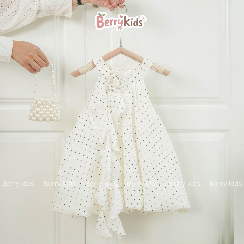 Váy Yếm Chấm Bi Đính Hoa Dáng Bí Cho Bé Gái Đầm Bé Gái 8-30kg Chất Đũi Mềm Mát Mặc Đi Chơi, Đi Tiệc