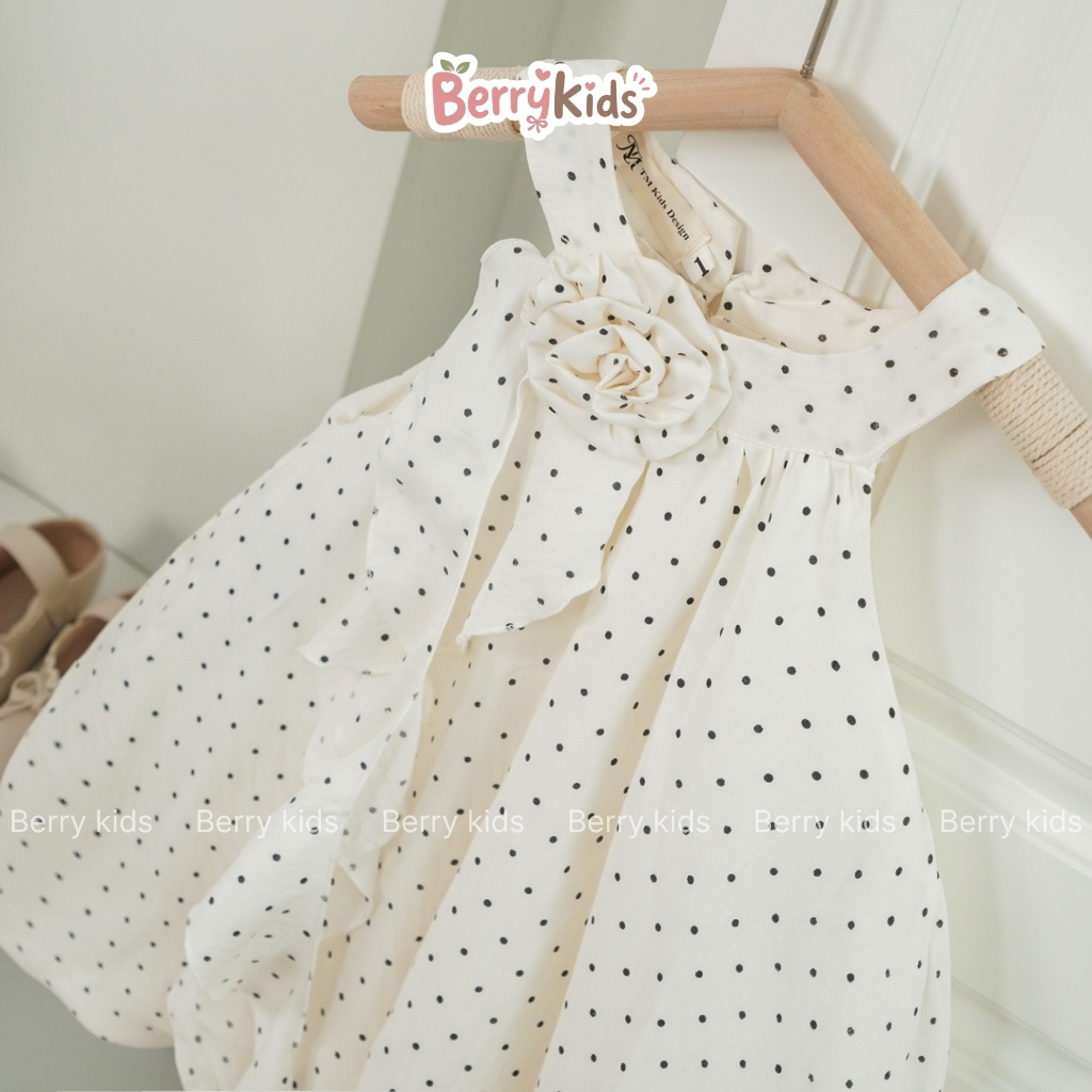 Váy Yếm Chấm Bi Đính Hoa Dáng Bí Cho Bé Gái Đầm Bé Gái 8-30kg Chất Đũi Mềm Mát Mặc Đi Chơi, Đi Tiệc