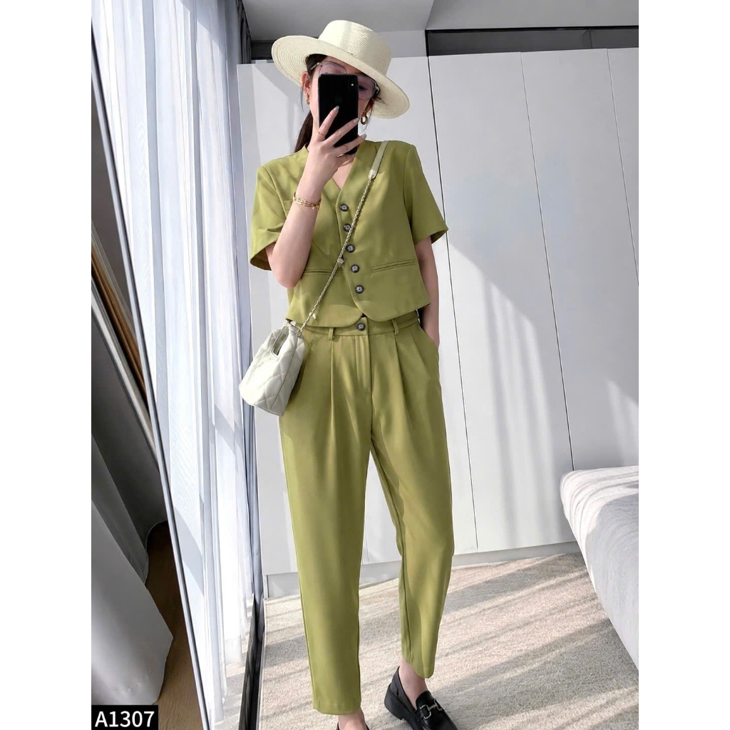 Set bộ áo vest crotop phối quần culottes 1 màu ghi A1307