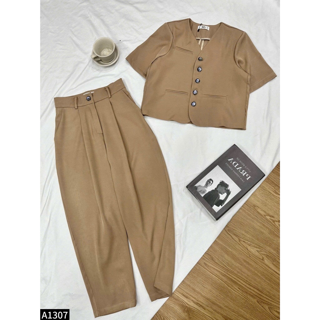 Set bộ áo vest crotop phối quần culottes 1 màu ghi A1307