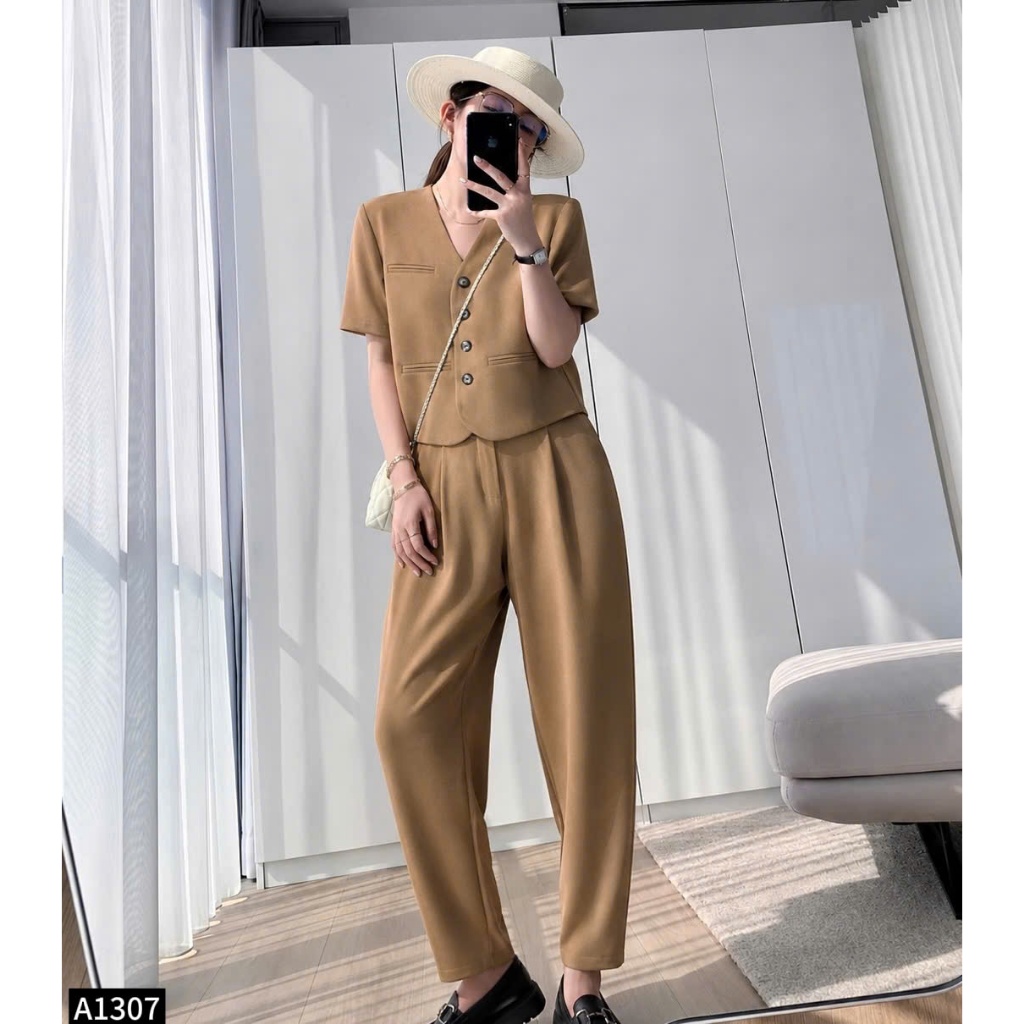 Set bộ áo vest crotop phối quần culottes 1 màu ghi A1307