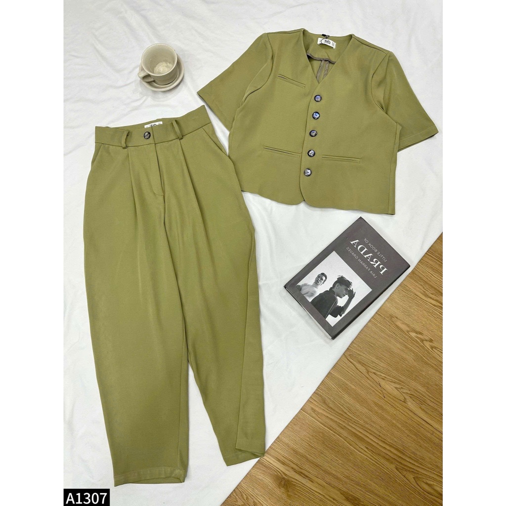 Set bộ áo vest crotop phối quần culottes 1 màu ghi A1307