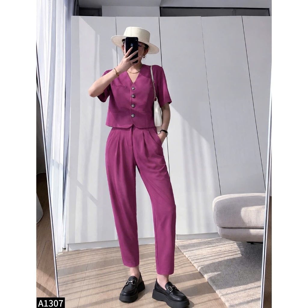 Set bộ áo vest crotop phối quần culottes 1 màu ghi A1307