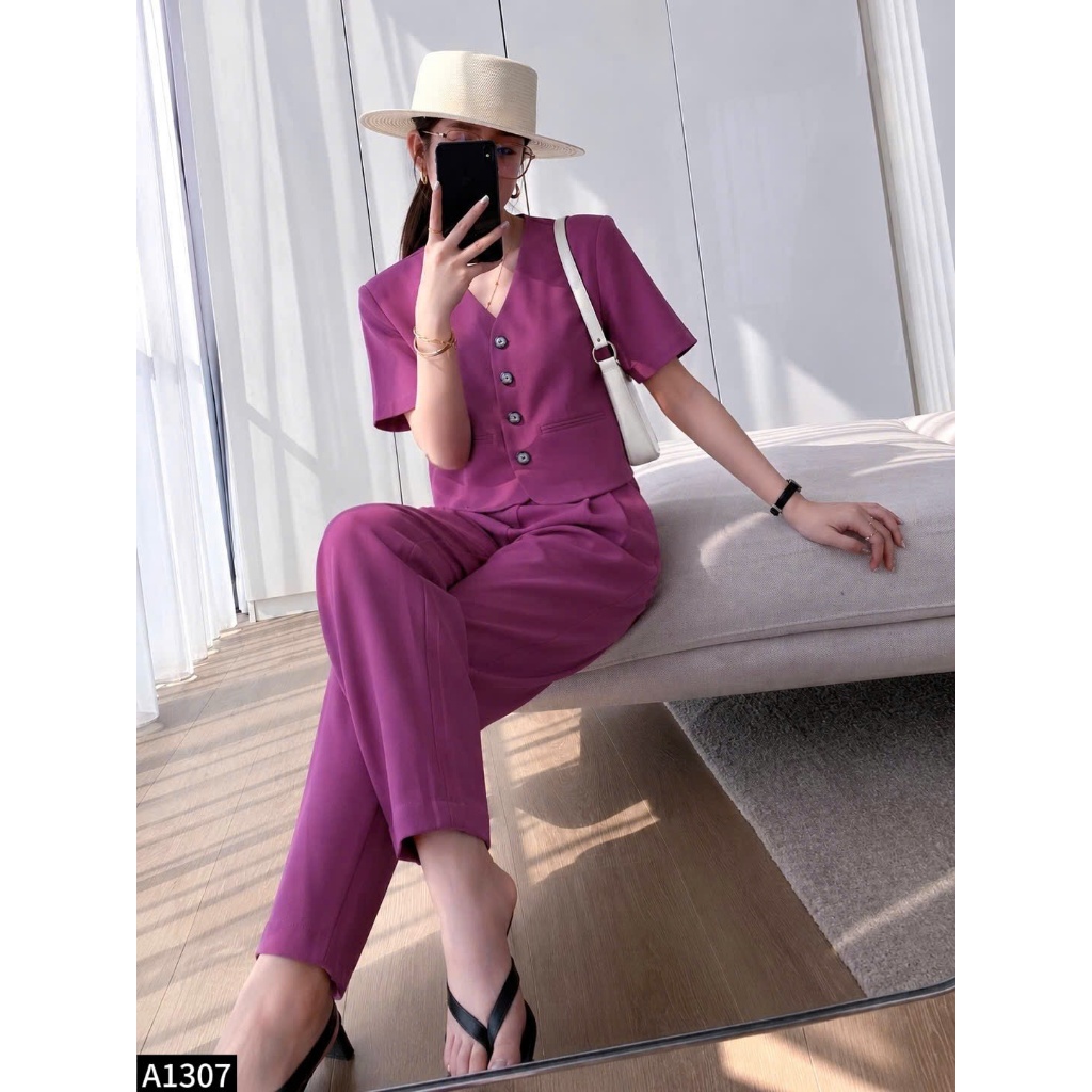 Set bộ áo vest crotop phối quần culottes 1 màu ghi A1307