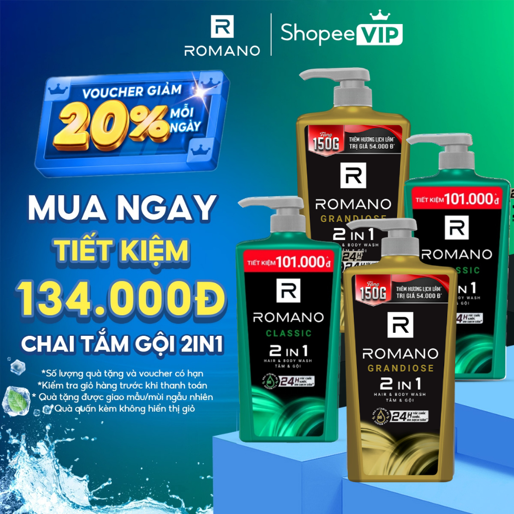 [SVIP] Tắm gội cho nam Romano 2in1 hương Nước hoa 900g