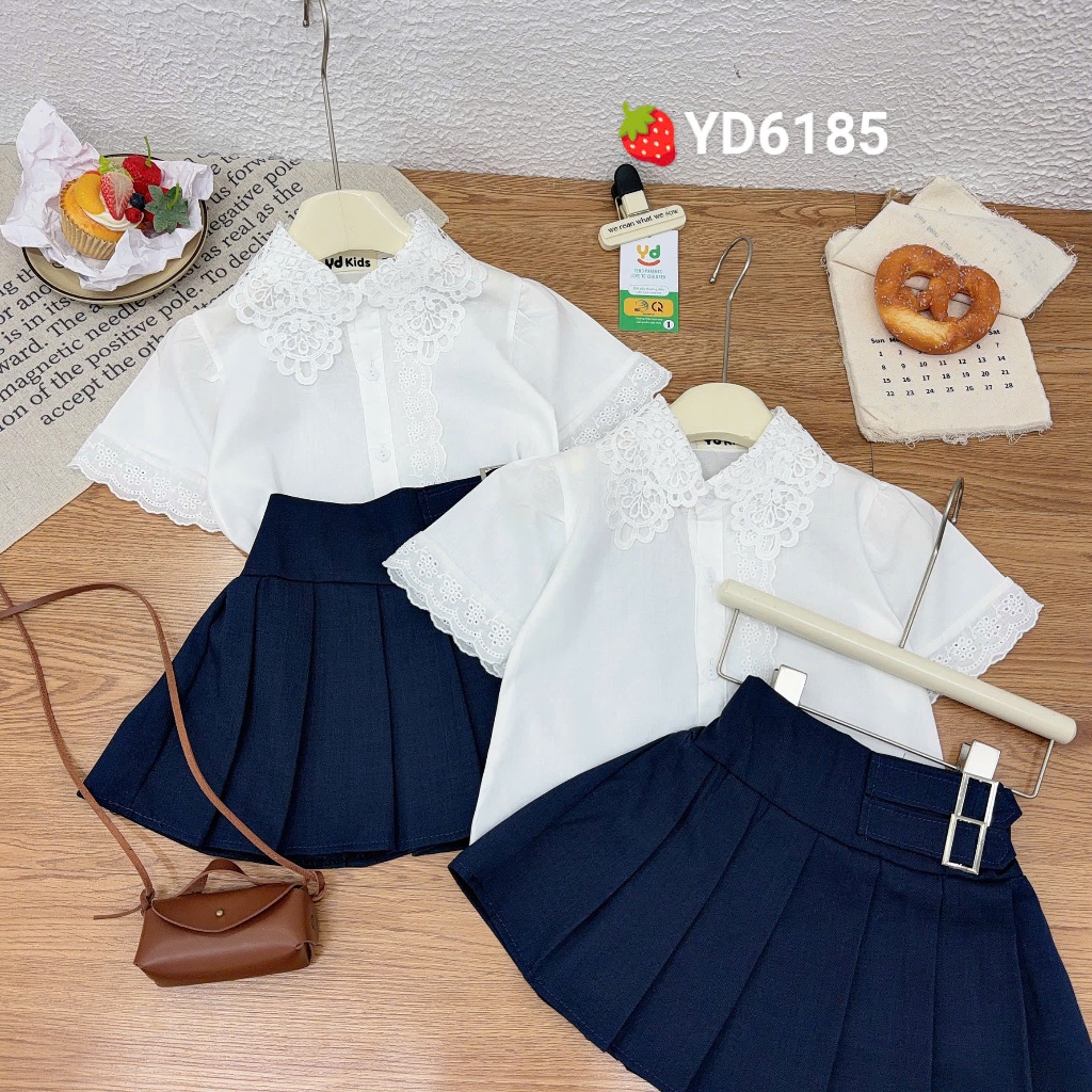 Đồ bộ bé gái, set đồ bé gái, áo sơ mi cổ ren mix chân váy xếp ly cho bé đi học, đi chơi 10-30kg Hami Kids