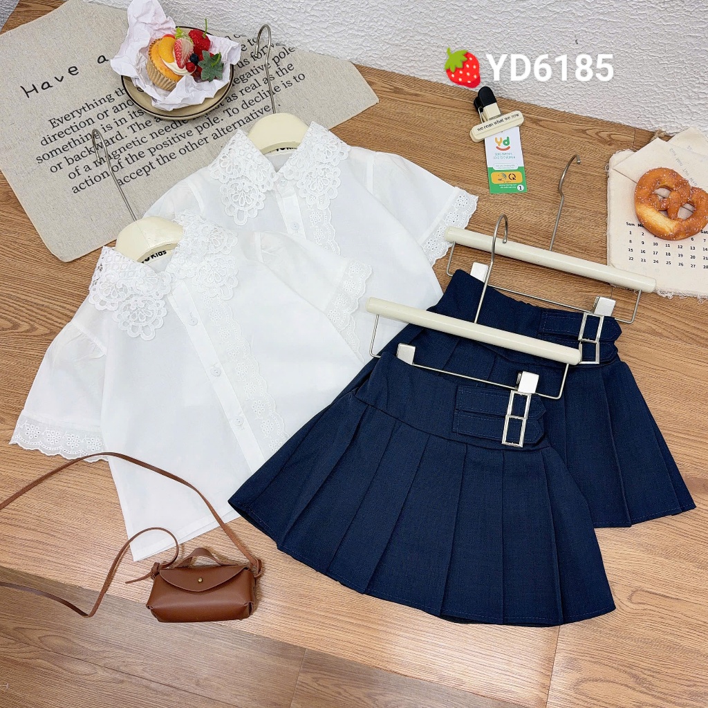 Đồ bộ bé gái, set đồ bé gái, áo sơ mi cổ ren mix chân váy xếp ly cho bé đi học, đi chơi 10-30kg Hami Kids