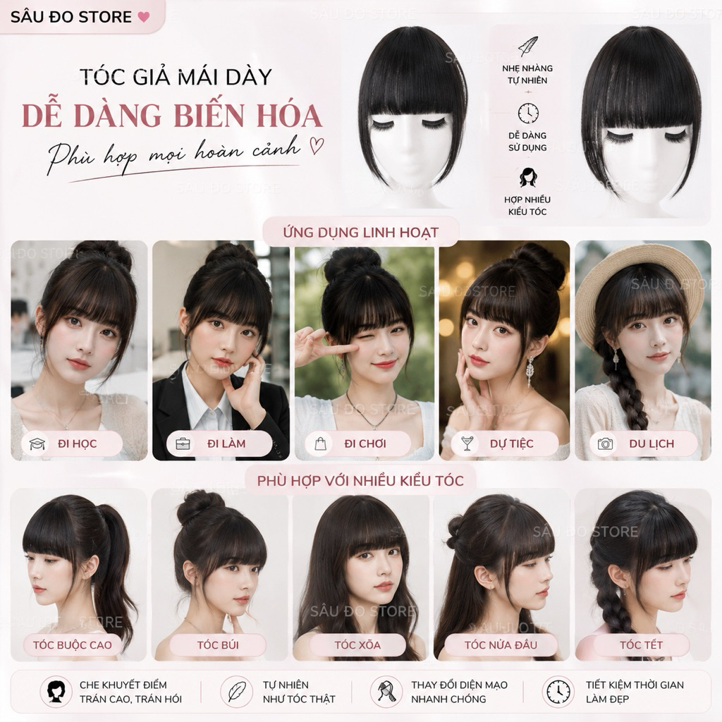 TÓC GIẢ MÁI BẰNG CÓ MAI DÀY DẶN DÀNH CHO NỮ SIÊU TỰ NHIÊN, TRẺ TRUNG CAO CẤP