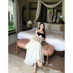 Đầm maxi đi biển nữ, váy 2 dây dáng dài thiết kế voan nơ, váy đi biển maxi trẻ trung