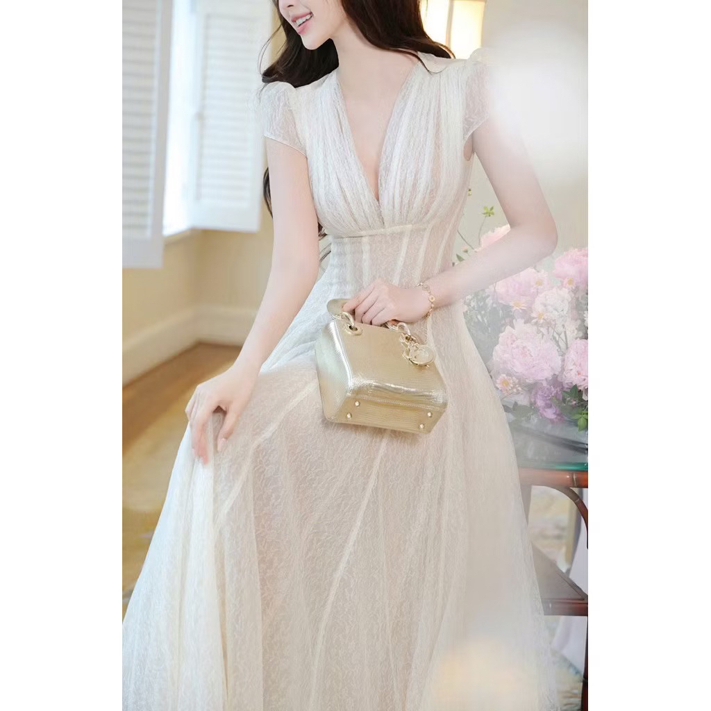 Đầm Dự Tiệc Cổ V LASY Thời Trang Nữ Kiểu Xếp Ly Ngực Dáng Dài Xoè Bồng Bềnh Nữ Tính