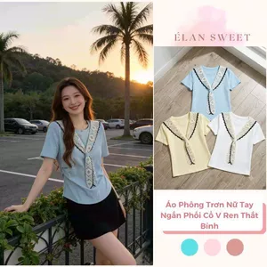 【Élan Sweet】Áo Phông Trơn Nữ Tay Ngắn Phối Cổ V Ren Thắt Bính - Áo Cotton Màu Pastel Hack Tuổi Trẻ Trung