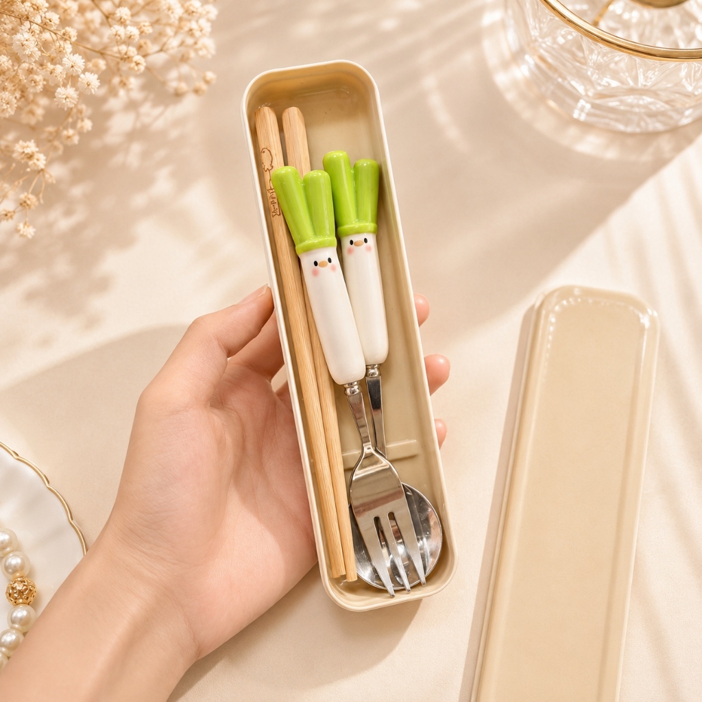 Bộ Muỗng Đũa Cá Nhân Cute Kèm Hộp Đựng – Hình Thú Cưng Rau Củ Dễ Thương, Inox Cao Cấp Cho Văn Phòng, Học Sinh