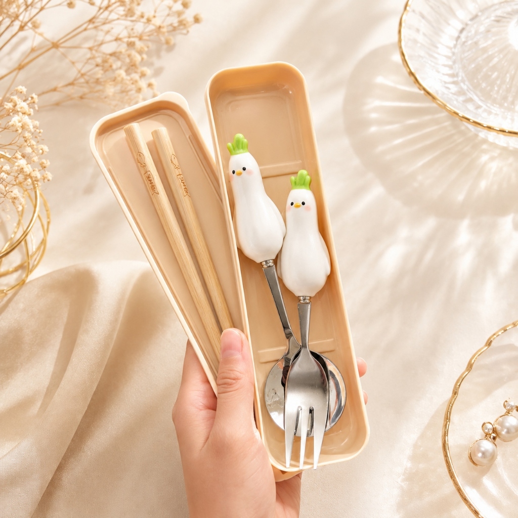 Bộ Muỗng Đũa Cá Nhân Cute Kèm Hộp Đựng – Hình Thú Cưng Rau Củ Dễ Thương, Inox Cao Cấp Cho Văn Phòng, Học Sinh