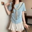 【Élan Sweet】Áo Phông Trơn Nữ Tay Ngắn Phối Cổ V Ren Thắt Bính - Áo Cotton Màu Pastel Hack Tuổi Trẻ Trung