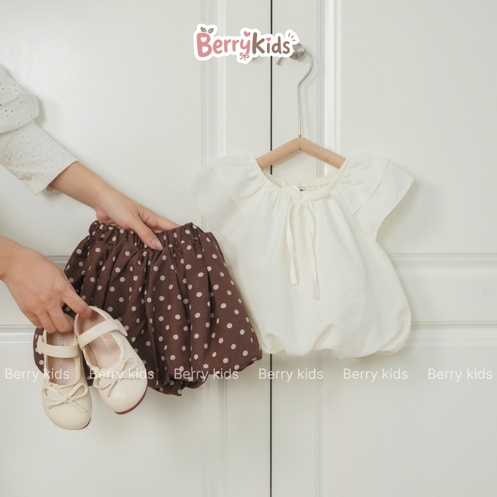 Set Áo Tay Bèo Phối Chân Váy Bí Chấm Bi Bé Gái Bộ Hè Bé Gái Phối Nơ Phong Cách Hàn Quốc Đáng Yêu
