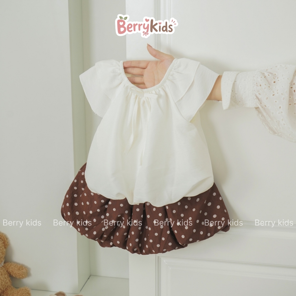 Set Áo Tay Bèo Phối Chân Váy Bí Chấm Bi Bé Gái Bộ Hè Bé Gái Phối Nơ Phong Cách Hàn Quốc Đáng Yêu