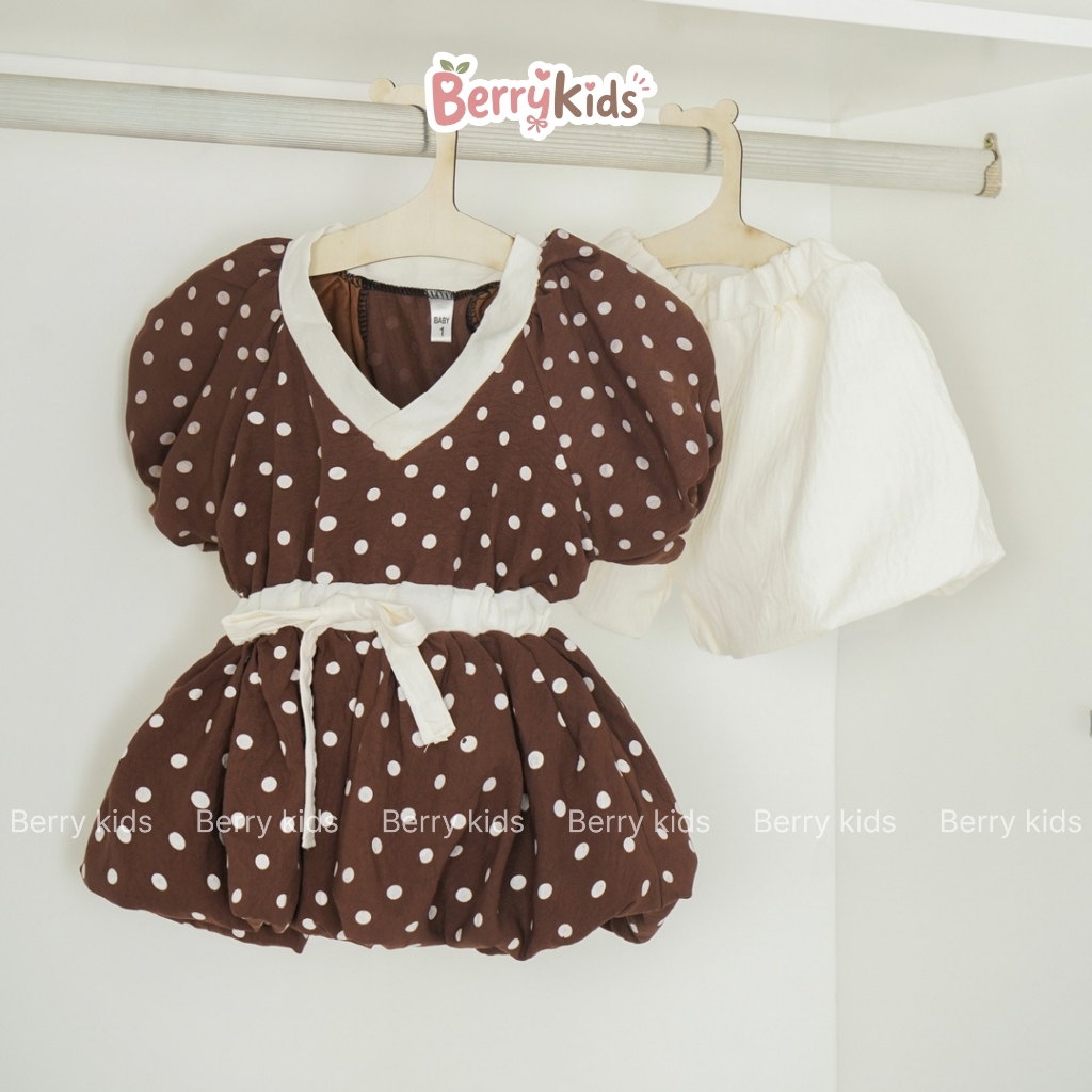 Set Bộ Hè Bé Gái Set Quần Áo Tay Bồng Chấm Bi Phối Quần Bí Phong Cách Hàn Quốc Xinh Xắn Cho Bé Gái