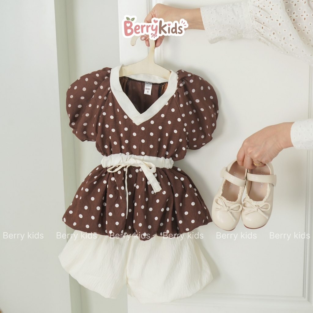 Set Bộ Hè Bé Gái Set Quần Áo Tay Bồng Chấm Bi Phối Quần Bí Phong Cách Hàn Quốc Xinh Xắn Cho Bé Gái