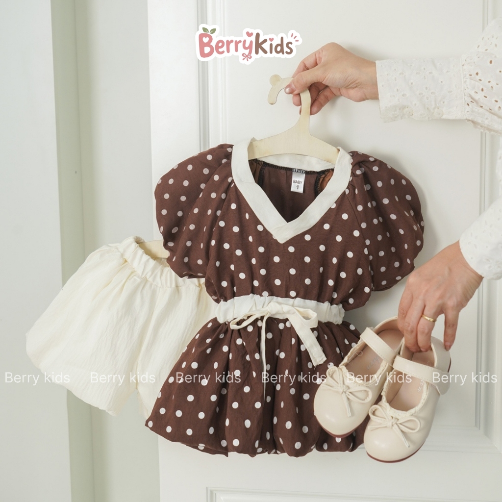 Set Bộ Hè Bé Gái Set Quần Áo Tay Bồng Chấm Bi Phối Quần Bí Phong Cách Hàn Quốc Xinh Xắn Cho Bé Gái