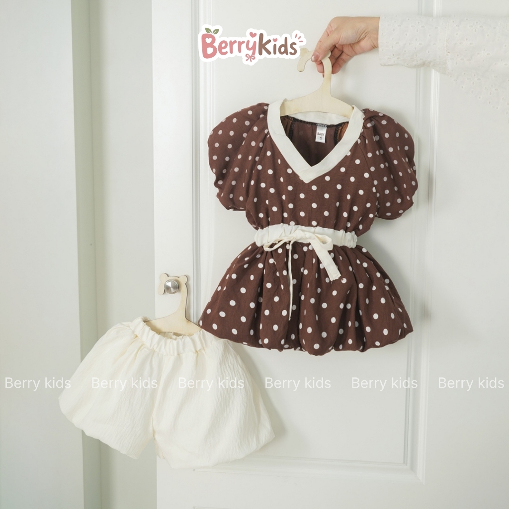 Set Bộ Hè Bé Gái Set Quần Áo Tay Bồng Chấm Bi Phối Quần Bí Phong Cách Hàn Quốc Xinh Xắn Cho Bé Gái