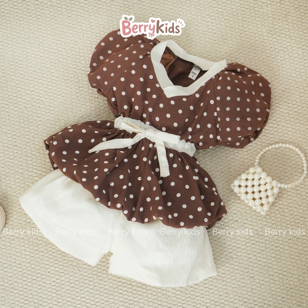 Set Bộ Hè Bé Gái Set Quần Áo Tay Bồng Chấm Bi Phối Quần Bí Phong Cách Hàn Quốc Xinh Xắn Cho Bé Gái