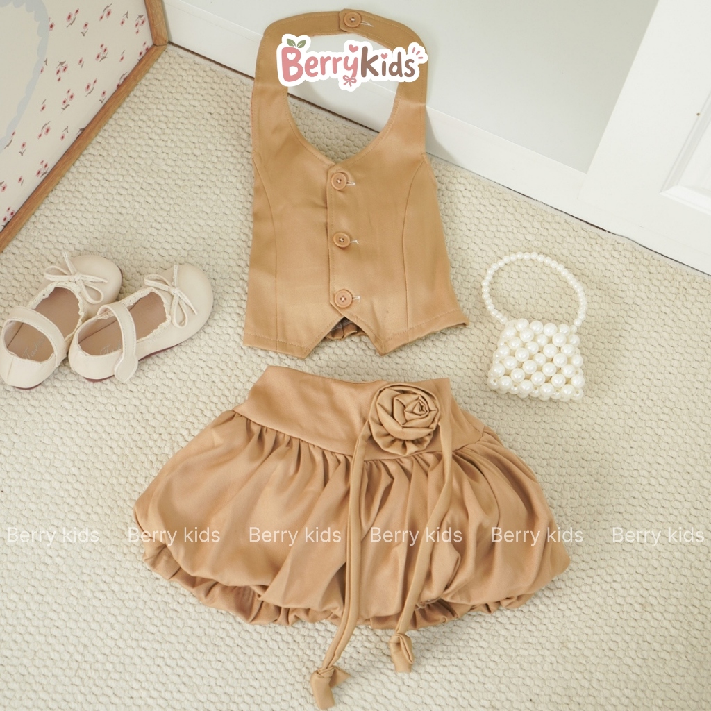 Set Áo Ghi Lê Phối Chân Váy Bí Cho Bé Gái Set Váy Bé Gái Áo Yếm Sành Điệu Lưng Chun