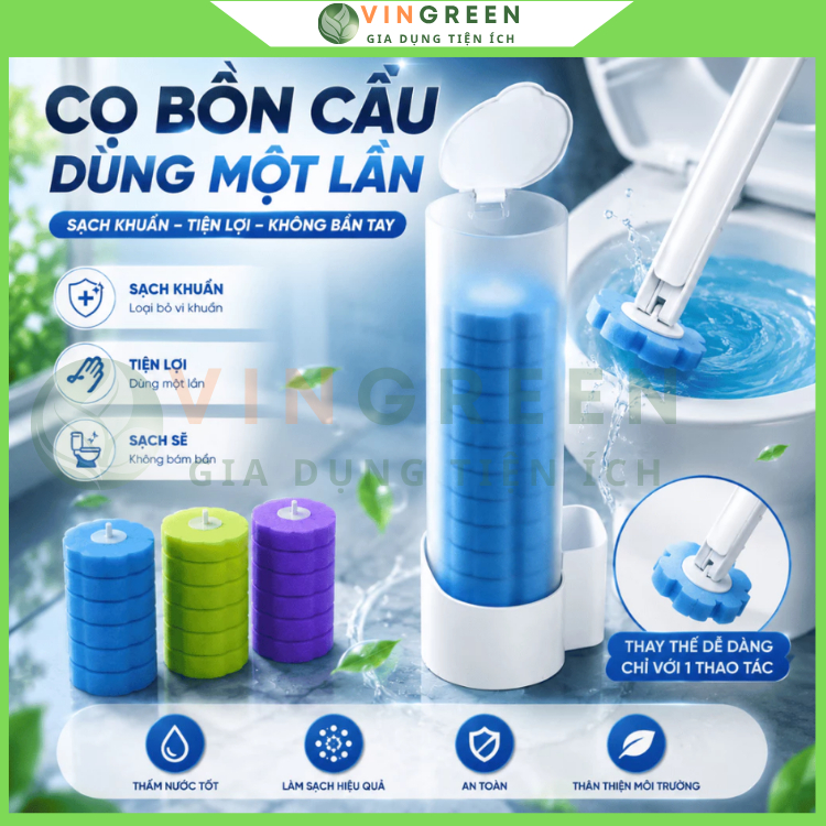 [Xả Kho] Bộ cọ vệ sinh nhà tắm dùng một lần gắn tường, cây cọ toilet xoay 360 độ - Vingreen