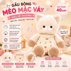 Gấu Bông Mèo Mặc Váy Vintage 40cm Cao Cấp – Thú Nhồi Bông Mèo Dễ Thương Siêu Mềm Mịn