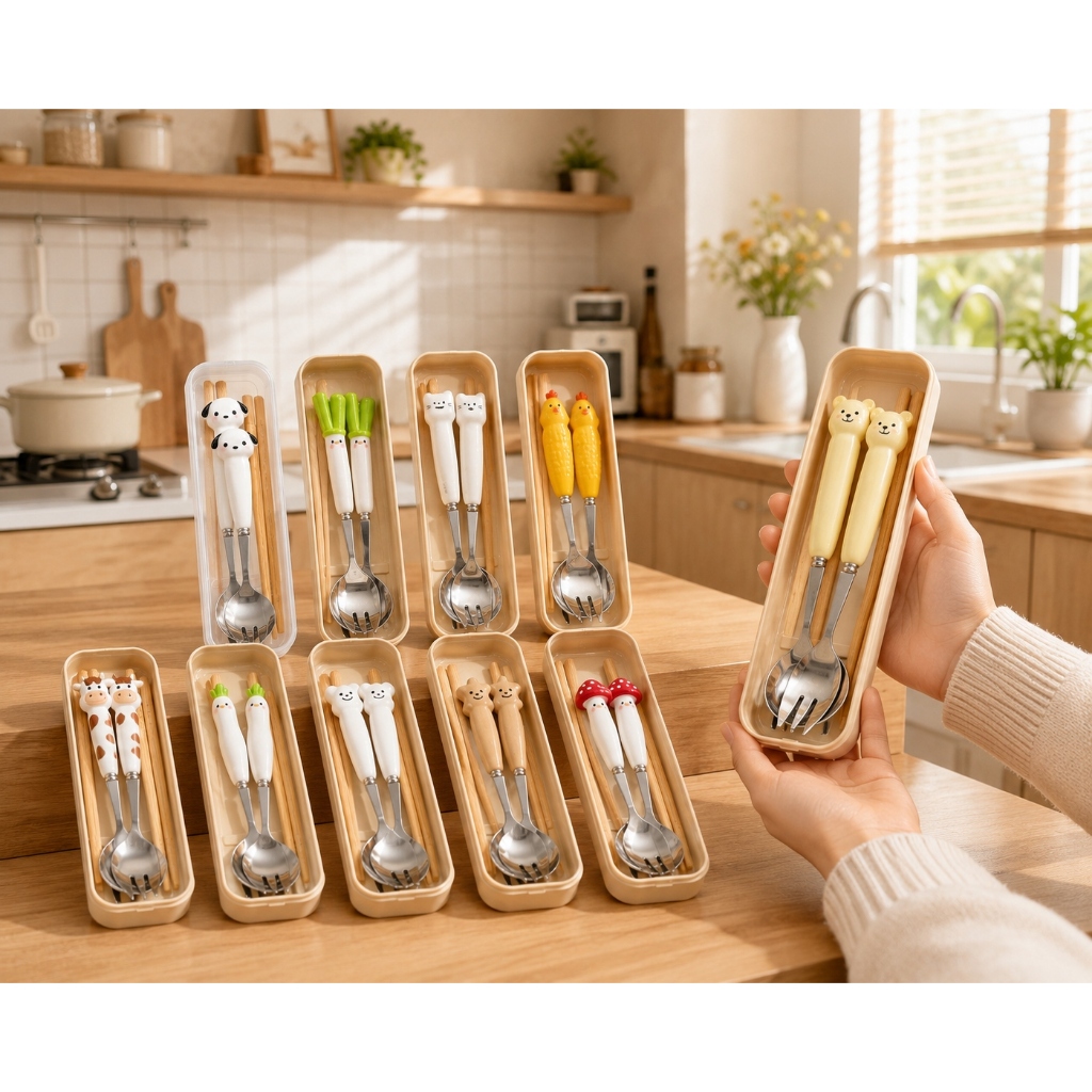 Bộ Muỗng Đũa Cá Nhân Cute Kèm Hộp Đựng – Hình Thú Cưng Rau Củ Dễ Thương, Inox Cao Cấp Cho Văn Phòng, Học Sinh