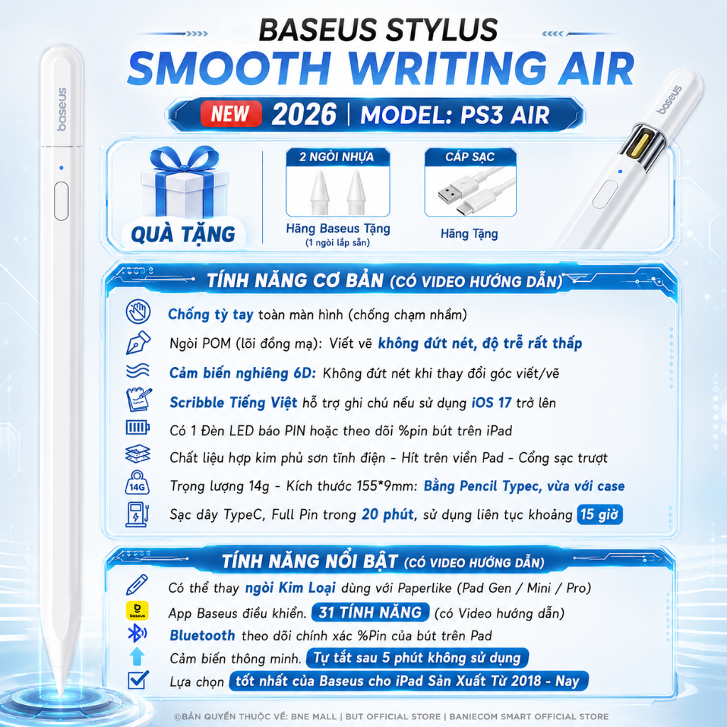 Bút cảm ứng Baseus Smooth Writing 3 PS025 PS001 PS3 PS045 PS003 PS026 PS052 Chống chạm Độ trễ thấp | BigBuy360 - bigbuy360.vn
