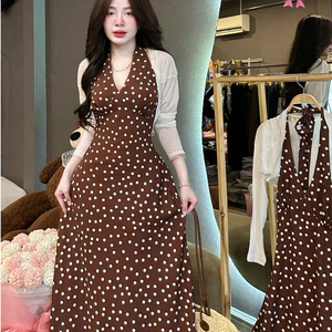Đầm Yếm Nâu Chấm Bi Kèm Áo Khoác Tôn Dáng, Che Khuyết Điểm, Thanh Lịch Siêu Hot.Phù Hợp đi Chơi,