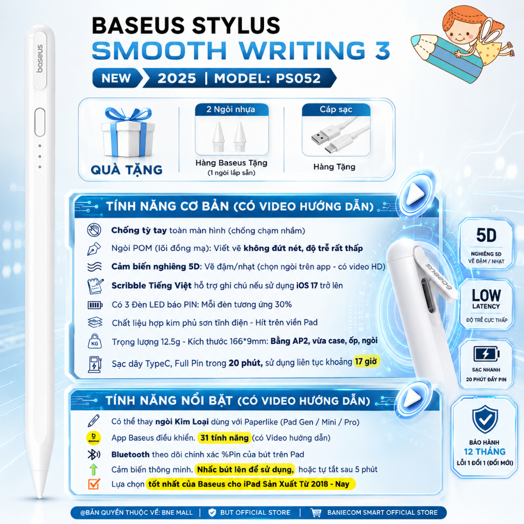 NEW 2025 Bút cảm ứng PS052 PS048 BASEUS Smooth Writing 3 TypeC Stylus Chống Tỳ Pin 17h Có App | BigBuy360 - bigbuy360.vn
