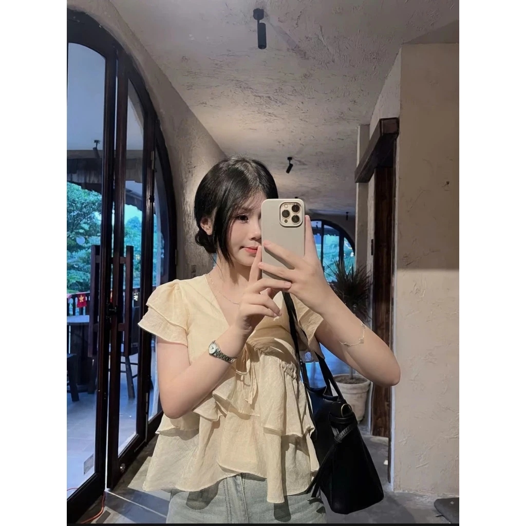 (Sẵn Hỏa Tốc) Áo babydoll kiểu nữ tay phồng nhiều tầng cổ V, áo voan tơ tay hến mặc đi chơi đi biển