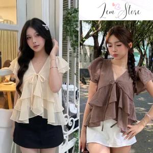 Áo babydoll kiểu nữ tay phồng nhiều tầng cổ V, áo voan tơ tay hến mặc đi chơi đi biển