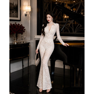 set áo ren sơ mi hoa nổi mix quần ống loe siêu sang chảnh